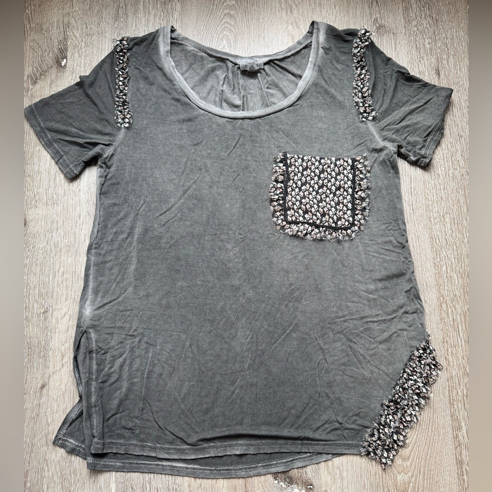 POL Charcoal Gray Boho Embellished Pocket Oversized Small Short Sleeve Top